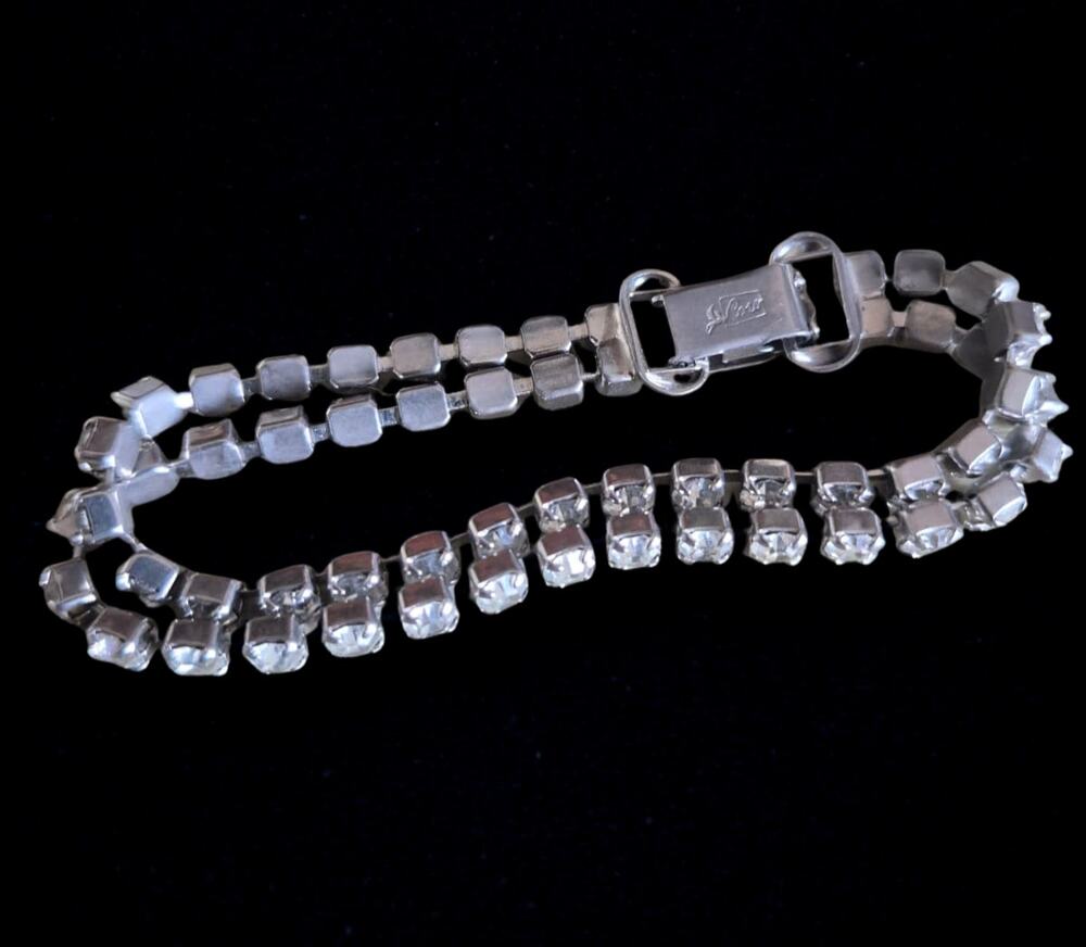 Vintage Rhinestone Silver Tone Double Strand Tennis Bracelet Signed Coro